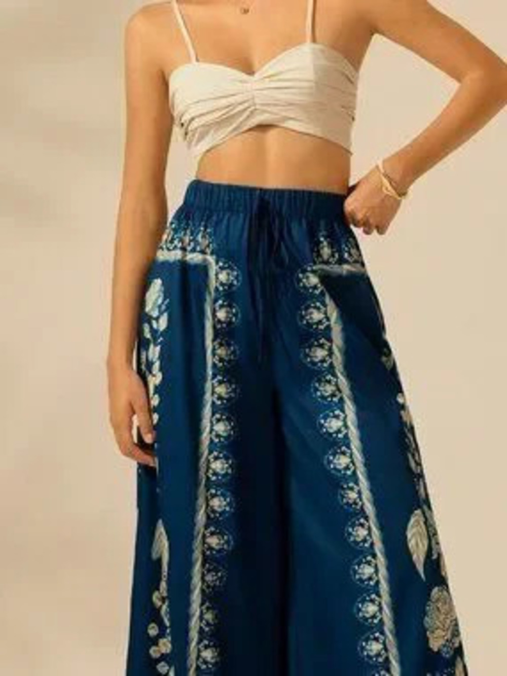 ZARA Dark Blue Boho Women's Tropical Plant Print Pants
